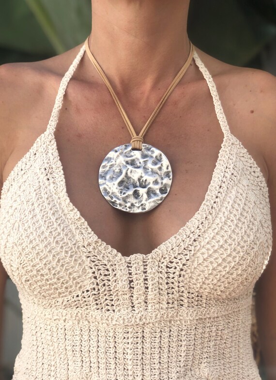 Boho Sterling Silver Big Moon Pendant on Leather Cord, Adjustable Leather Cord Moon Pendant, Long Leather Necklace, Boho Statement Jewelry