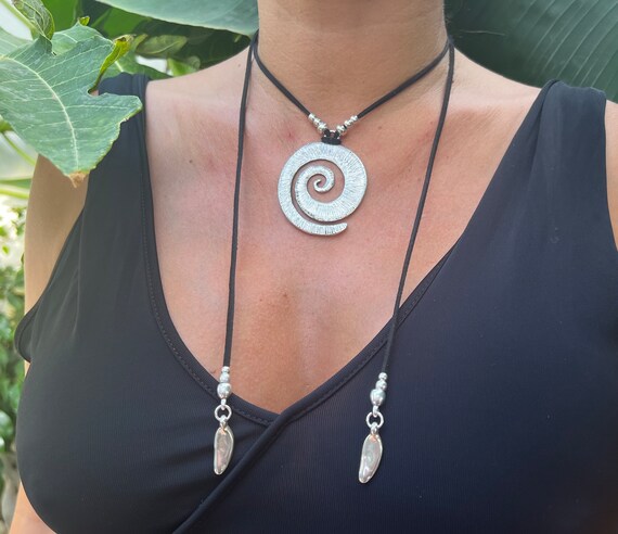 Spiral Boho Necklace – Long Tribal Leather Necklace with Silver Pendant – Adjustable Statement Jewelry for Women, Handmade Wrap Choker