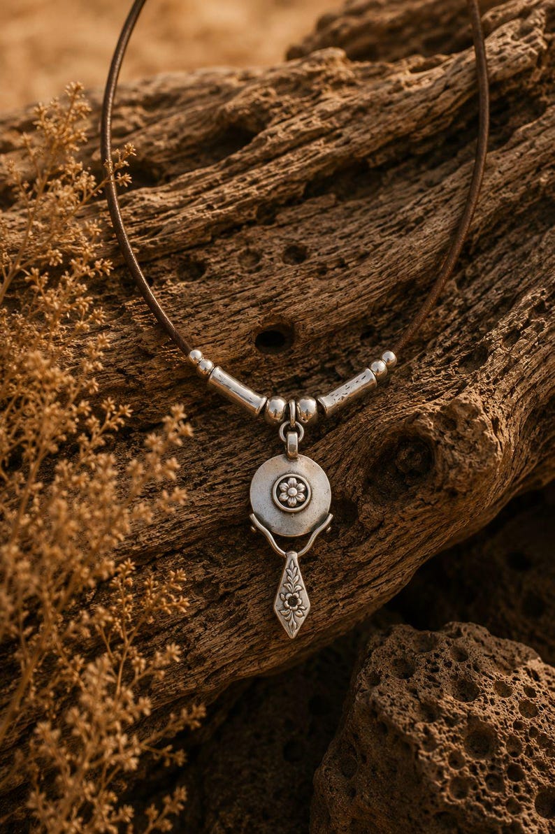 May include: A necklace featuring a dark brown leather cord with silver-toned metal accents and a circular pendant. The pendant displays a small embossed flower at its center, with a dangling, diamond-shaped charm featuring intricate leaf engravings.