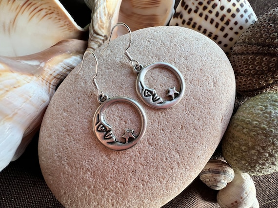 Silver Moon Boho Earrings, Handmade Ethnic Statement Jewelry, Dangle Hoop Earrings, Silver Bohemian Earrings, Bohemian Chic Earrings