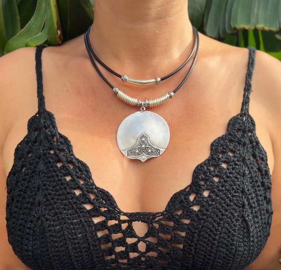 Boho Ethnic Silver Pendant Genuine Leather Choker Necklace - Unique Handcrafted Jewelry for a Chic Bohemian Look - Boho Choker Necklace