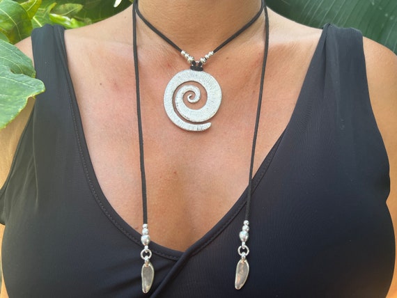 Spiral Pendant Leather Necklace Long Boho Wrap Tribal Jewelry
