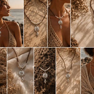 May include: A brown leather cord necklace featuring a silver-toned pendant with a circular center and a dangling geometric element. The necklace includes silver-toned cylindrical beads on each side of the pendant, creating a layered look.