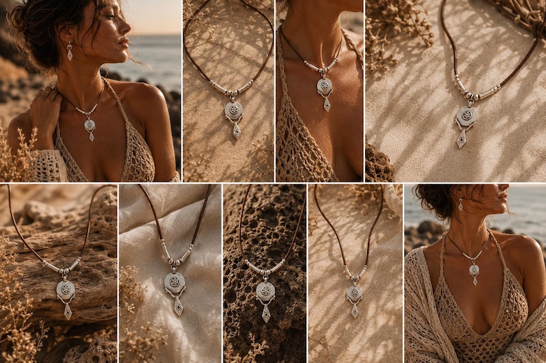 May include: A brown leather cord necklace featuring a silver-toned pendant with a circular center and a dangling geometric element. The necklace includes silver-toned cylindrical beads on each side of the pendant, creating a layered look.