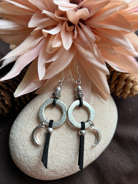 Statement dangle hoop earrings, sterling silver earrings hook, bohemian drop earrings, boho jewelry, boho earring