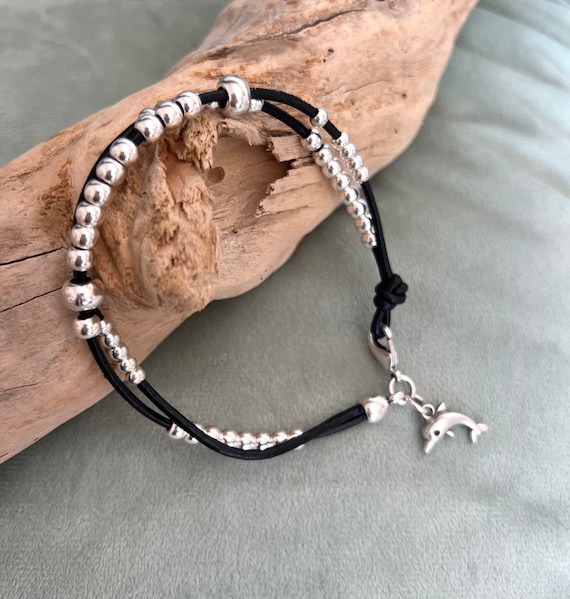 Boho Leather Anklet with Silver Dolphin Pendants, Silver Hearts Boho Leather Anklet, Summer Jewelry for Beach Lovers, Handmade Jewelry