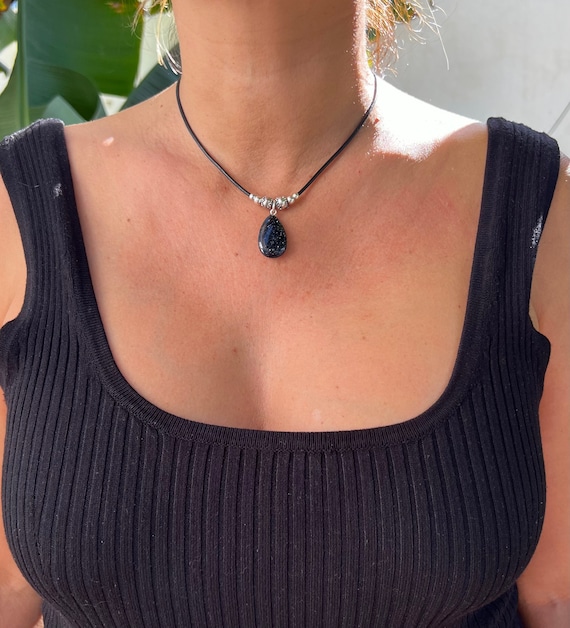 Obsidian pendant necklace, choker necklace, hippie jewelry, bohemian necklaces, leather necklaces, boho jewelry, handmade jewelry