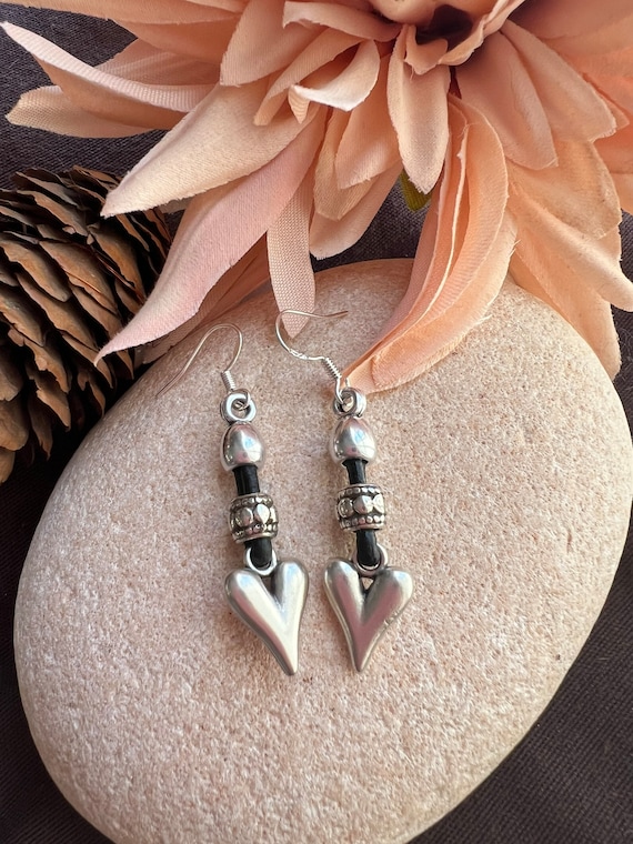 Boho Silver Heart Earrings • Statement Dangle Hoop Earrings • Sterling Silver Drop Earrings • Boho Jewelry Handmade for Women