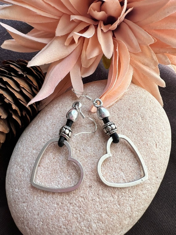 HEART statement dangle hoop earrings, sterling silver earrings hook, bohemian drop earrings, boho jewelry, boho earring, handmade jewerly