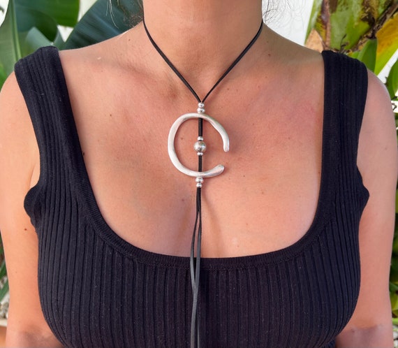 Leather Lariat Necklace with Open Circle Silver Pendant, Boho Tribal Statement Jewelry