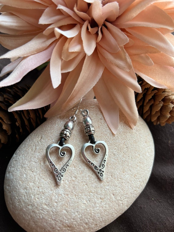 Boho Earrings, Hippie Earrings, Bohemian Earrings, Statement Earrings, Dangle Earrings, Silver Boho Chic Earrings, Heart Silver Earrings