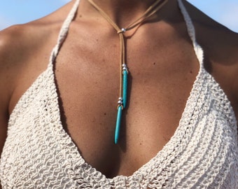 Turquoise Leather Necklace, Lariat y shaped necklace, turquoise jewelry silver bohemian jewelry for woman, boho jewelry, handmade jewelry
