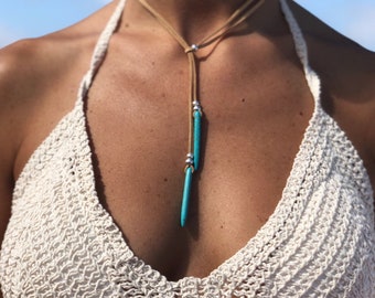 Turquoise Leather Necklace, Lariat y shaped necklace, turquoise jewelry, silver bohemian jewelry for woman, boho jewelry, handmade jewelry