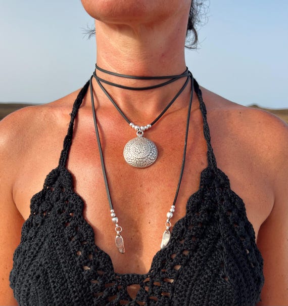 SILVER Ethnic Engravings Pendant Bohemian Necklace, Handmade Jewelry Gift, Unique Design, Leather Cord, Ethnic Style, Gift for Her