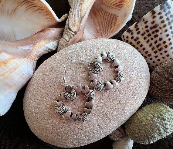 Silver Heart dangle hoop earrings, sterling silver earring hoops, bohemian drop earrings, boho jewelry, boho earring, handmade jewerly
