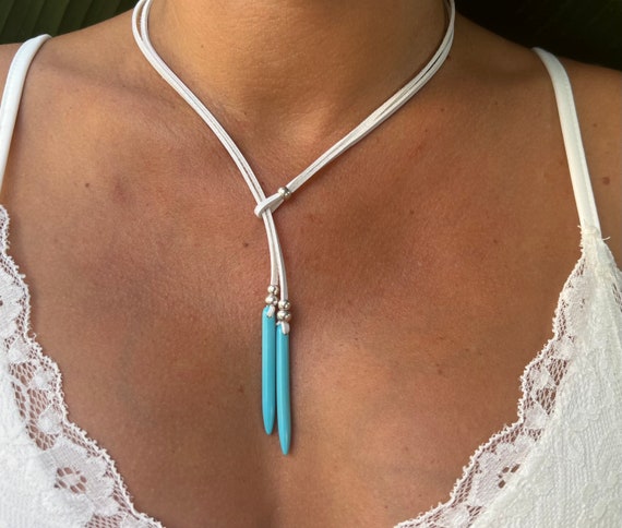 Turquoise Leather Necklace, Lariat Y Shaped Necklace, Turquoise Jewelry, Silver Bohemian Jewelry for Woman, Boho Jewelry, Handmade Jewelry