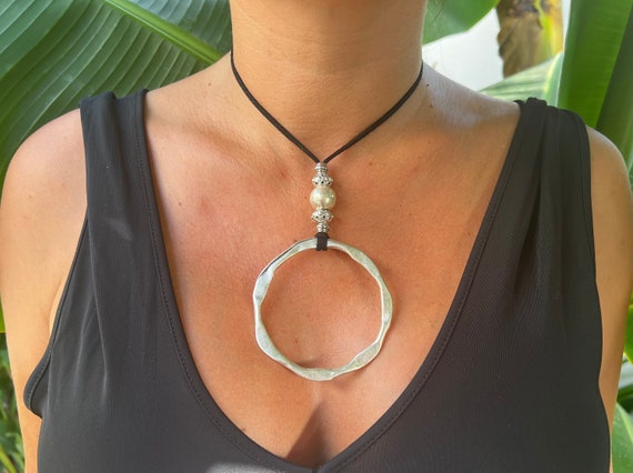 Long Pendant Necklace, Statement Bohemian Necklace, Leather Necklaces for Women, Boho Necklace, Leather Cord Necklace, Long Necklace Boho