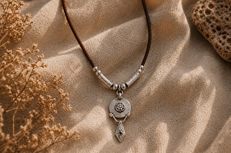 May include: A necklace featuring a dark brown leather cord with silver-toned metal accents. The pendant consists of a circular disc with a central flower motif, connected to a dangling, diamond-shaped charm with a small dark inlay at its center.