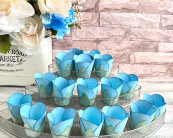 Mini Tulips Blue  Flowers Wrapper for Holding Chocolate Decor, Baby Shower Party Decor, Wedding Flowers Decor (24 pack)