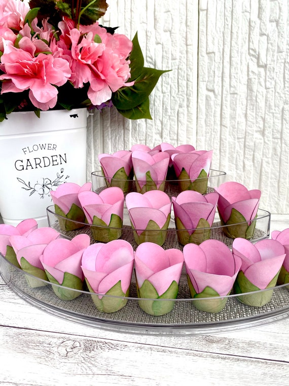 Mini Tulip Pink Flowers for Candy, Chocolate Cups - Baby Shower Decor (24 pack)