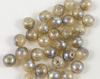 30 Ivory and Sea Green with Silver Picasso Round Pressed Glass Czech Beads 6mm 032-B