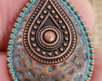 Copper Verdigris Teardrop Pendants, Turquoise Patina Boho Charms, Waterdrop Pendants, 24x35mm, 2pcs