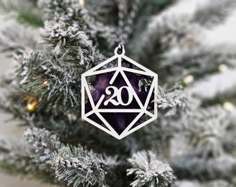 D20 | Ornament | Personalized Color | White Outline | Small
