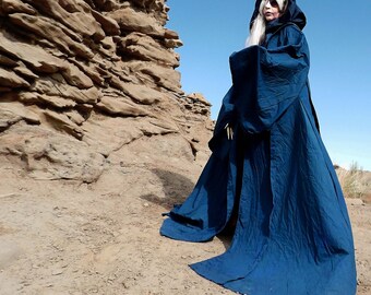 Navy Blue Occult Robe with Giant Hood, Oversized Sleeves