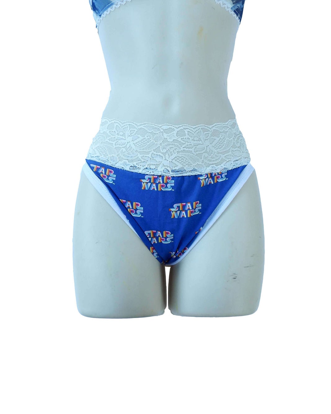 Rainbow Star Wars on Blue and White Lace Gstring Thong 