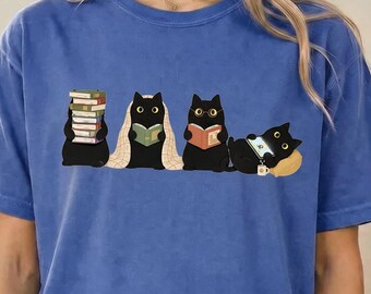 Black Cat Shirt, Cats Reading T-Shirt, Book Lover Tee, Cute Bookish Cat Cartoon, Librarian Teacher Gift, Cozy Reader Aesthetic