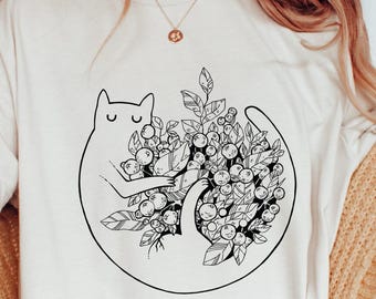 Maglietta minimalista con gatto, maglietta con stampa botanica boho, maglietta estetica Comfort Colors®, regalo per mamma gatta, maglietta grafica delicata per amanti dei gatti
