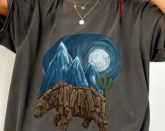 Surreal Wooden Bear Mountain Art Comfort Colors T-shirt | Nature Lover Camping Hiking Gift Outdoor Adventure Wilderness Boho Desert Moon Tee