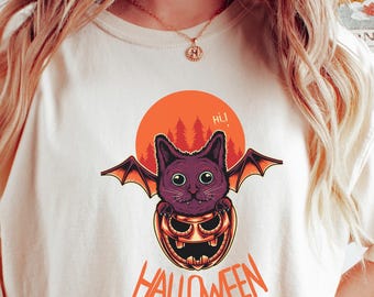 Maglietta con gatto di Halloween, maglietta con gatto pipistrello spettrale, grafica retrò con zucca, top autunnale Comfort Colors®, simpatico regalo per gli amanti dei fantasmi, stile vintage