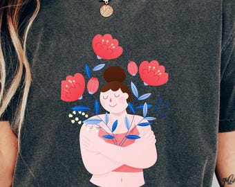 Maglietta per l'amore di sé, maglietta per la salute mentale, maglietta con motivi floreali boho, maglietta estetica Comfort Colors®, regalo per la positività del corpo, maglietta per l'empowerment