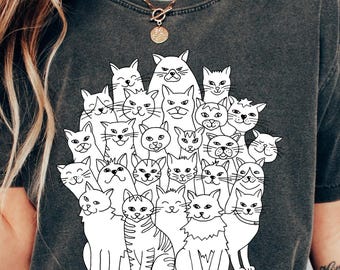 Maglietta con scritta "Cat Mom", maglietta con disegno minimalista di gatti, maglietta estetica Comfort Colors®, regalo per gli amanti dei gatti, maglietta con grafica di animali domestici disegnata a mano