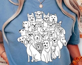 Maglietta per mamma di cani, maglietta minimalista con disegno a tratteggio di cani, maglietta estetica Comfort Colors®, regalo per amanti dei cani, maglietta con grafica di animali domestici disegnata a mano