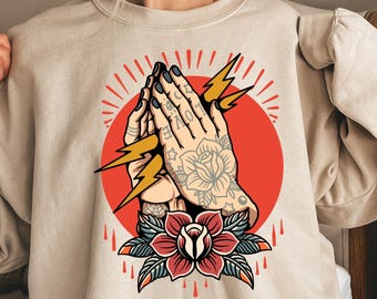 Maglietta con tatuaggio tradizionale, maglietta con mani old school, grafica con fulmine, regalo rocker audace, maglietta in stile vintage Comfort Colors®, amante dell'arte dell'inchiostro