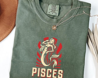 Maglietta con segno zodiacale Pesci, maglietta con sirena retrò, arte astrologica vintage, regalo di compleanno di marzo Comfort Colors®, grafica con segno d'acqua, per gli amanti dell'oroscopo