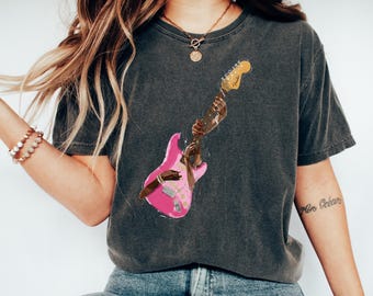 Pink Electric Guitar Comfort Colors T-shirt | Surreal Musician Art Tee | Rock n Roll Graphic Shirt | Vintage Style Guitarist Gift For Her