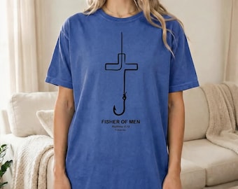 Fisher of Men Shirt, Matthew 4:19 Bible Verse, Christian T-Shirt for Fisherman, Minimalist Cross Hook, Scripture Tee Gift