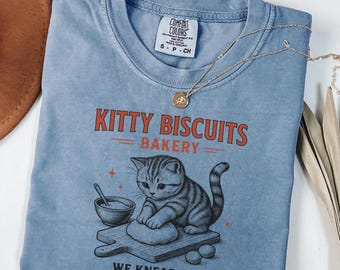 Kitty Biscuits Bakery Comfort Colors T-shirt | Funny Cat Mom Gift | Retro Kneading Dough Graphic | Baker Present | Cottagecore Oversized Tee