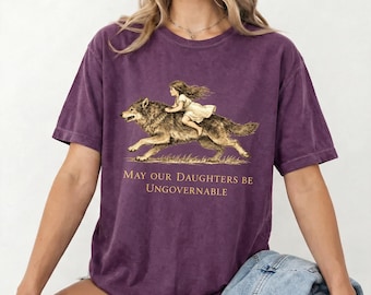 Wolf Rider Tee, Girl Riding Wolf T-Shirt, Vintage Engraving Fantasy Shirt, Fairytale Folklore Illustration Gift