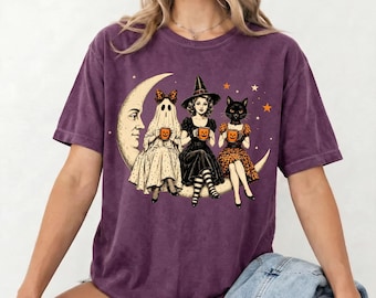 Halloween Shirt, Vintage Retro Witch T-Shirt, Spooky Season Tee, Black Cat Ghost, Crescent Moon Pin Up Art, Halloween Party Gift
