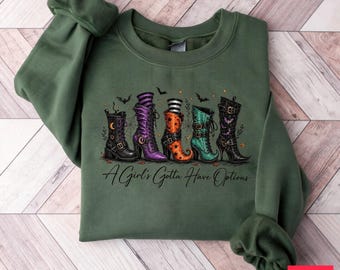 Halloween Shirt, Witch Boots Graphic, Spooky Season Costume Party Top, Witch T-Shirt, Gothic Halloween Tee, Witchcore Bat Moon Art