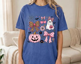 Halloween Cat Shirt, Pink Coquette Halloween T-Shirt, Kawaii Spooky Cute Tee, Girly Trick or Treat Outfit, Cat Mom Gift