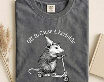 Off To Cause A Kerfuffle Shirt, Mental Health Shirt, Sarcastic Humor Tee, Animal Lover Gift, Comfort Colors® Funny Opossum Scooter T-Shirt