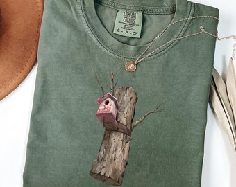 Rustic Pink Birdhouse Comfort Colors T-shirt | Cottagecore Nature Graphic | Forestcore Aesthetic | Bird Lover Gift for Her | Tree Art