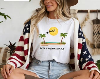 Christmas Shirt, Mele Kalikimaka T-Shirt, Tropical Christmas Tee, Hawaiian Christmas Gift, Beach Santa Sleigh Moon Design