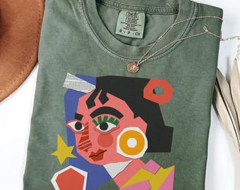 Abstract Art Face Shirt Comfort Colors® Colorful Collage Tee, Picasso Style Graphic Top, Surrealist Woman T-Shirt, Artsy Gift for Her