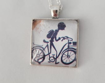 Vintage Book Page Bicyclist Pendant Necklace